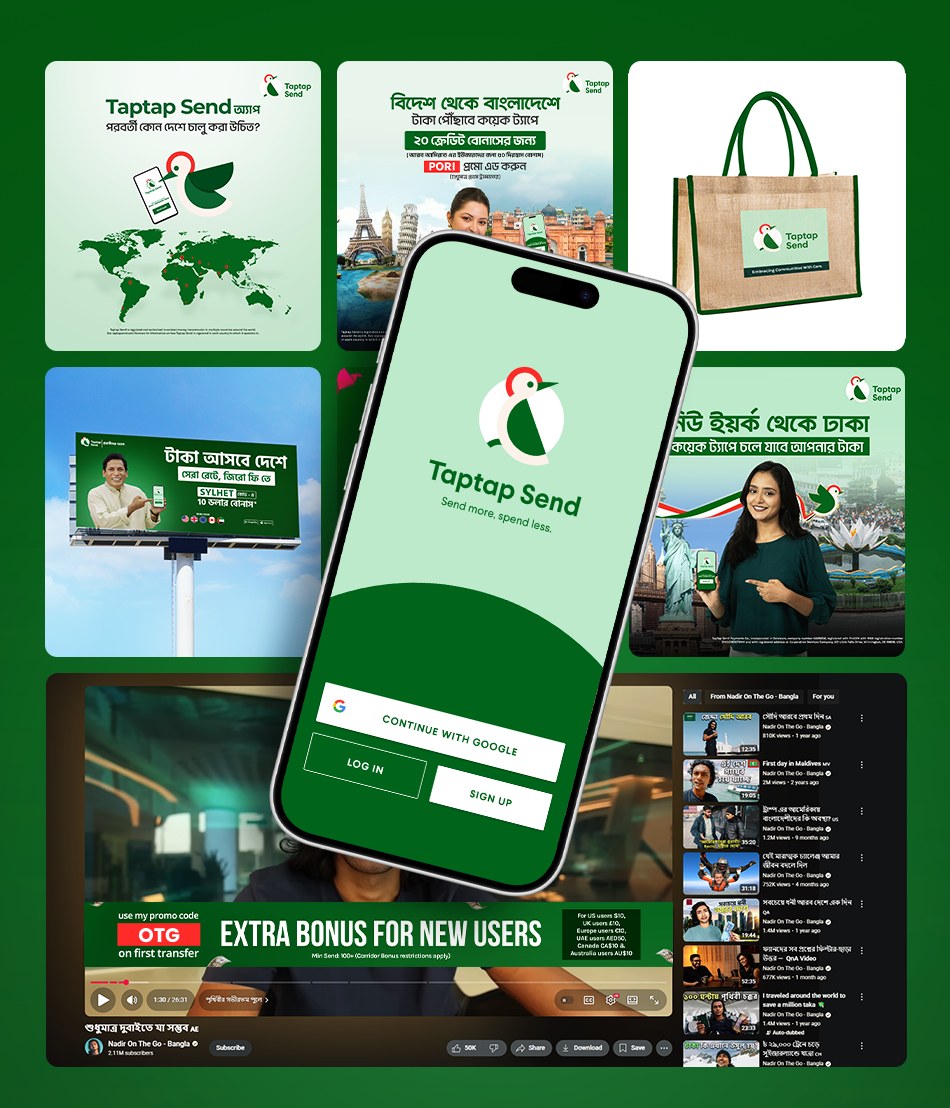 Taptap Send campaign work by Tent Communications: social posts, billboard, tote bag, influencer YouTube integration and the Taptap Send app